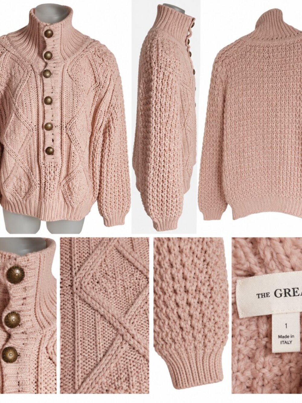 The Great Sz 1 Pink Chunky Cable Knit Button Sweater Quiet Luxury Cottagecore